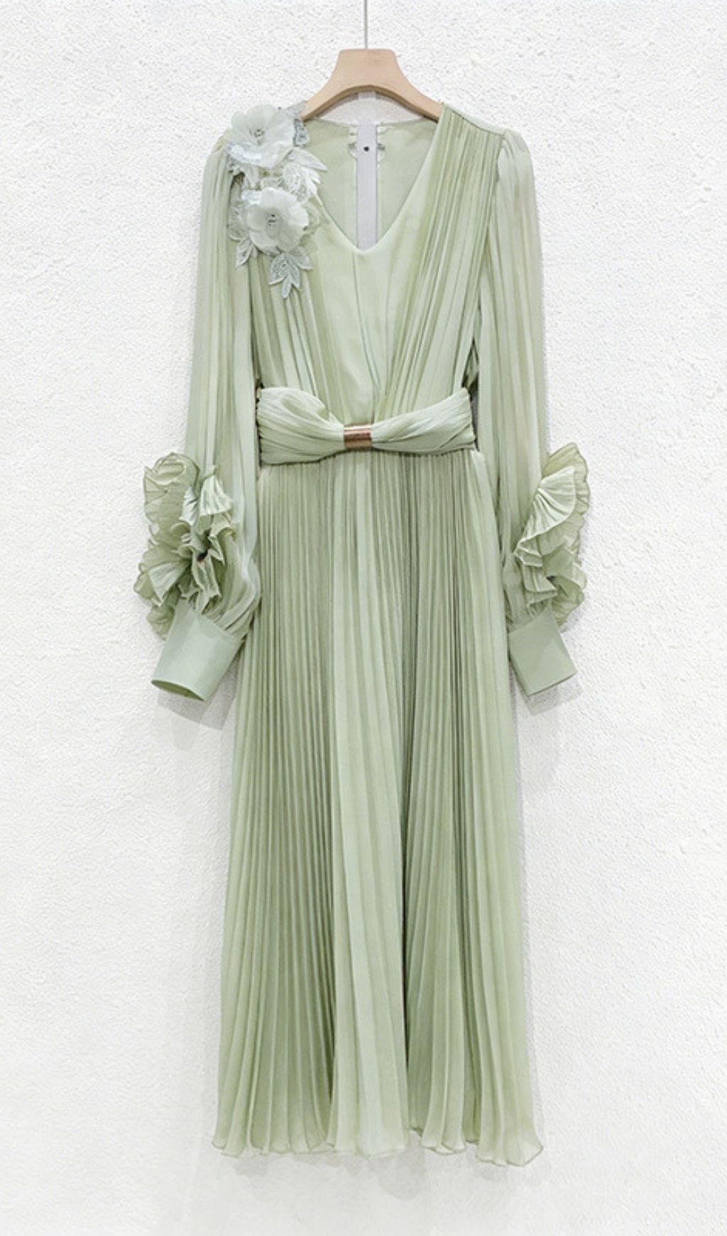 Khadija Elegant Sage Green Floral Pleated Maxi Dress