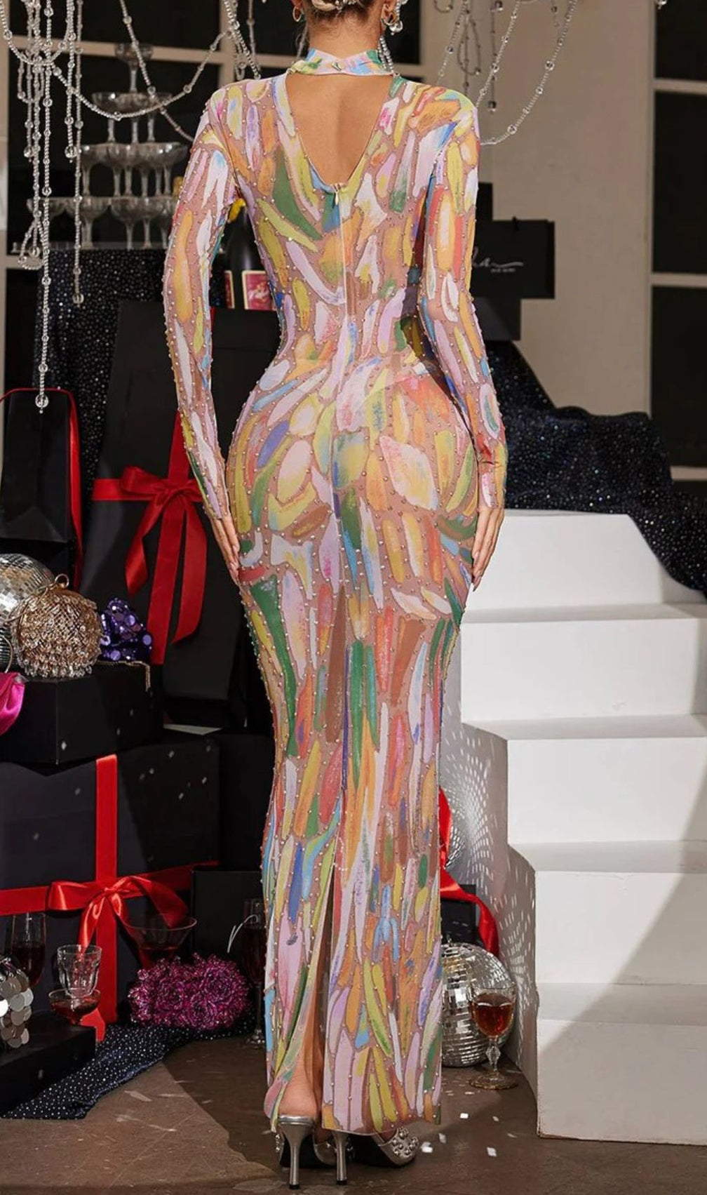 Rupok Dazzling Rhinestone Abstract Print Turtleneck Maxi Dress – Glamorous Evening Gown