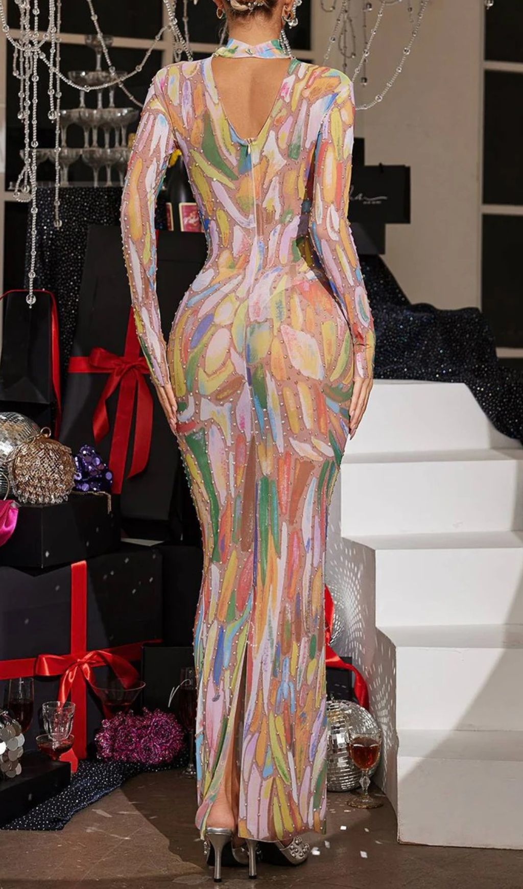 Rupok Dazzling Rhinestone Abstract Print Turtleneck Maxi Dress – Glamorous Evening Gown