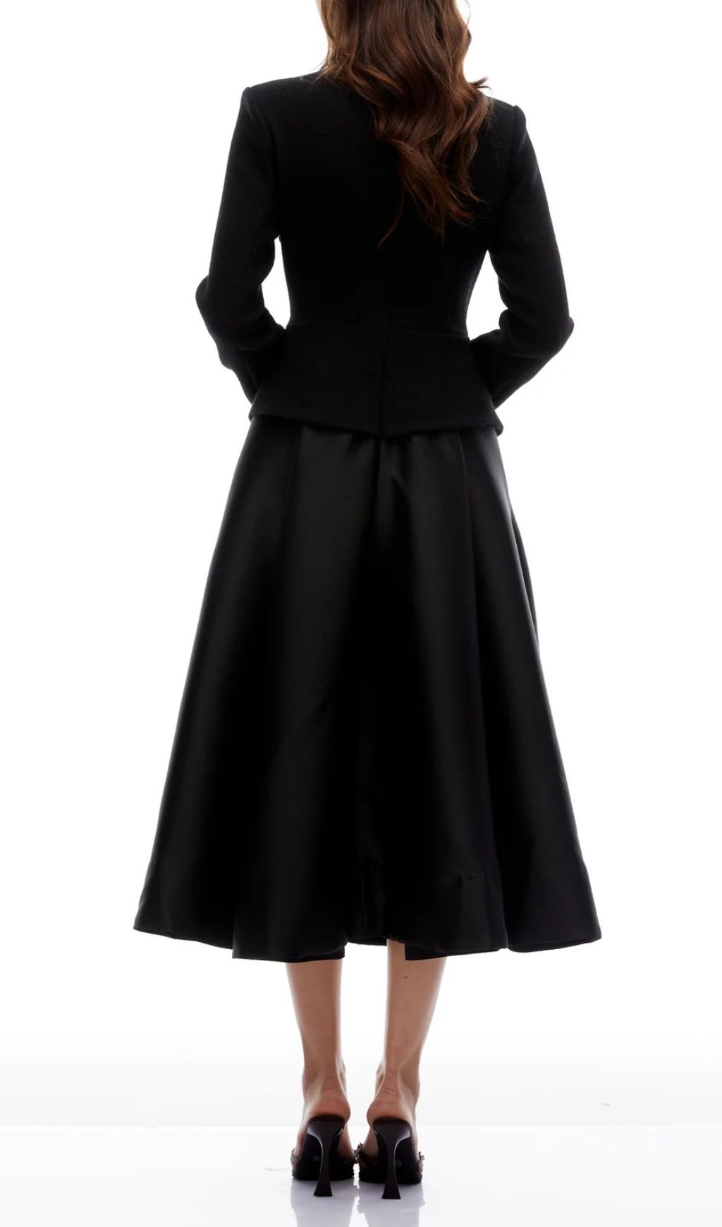 Jayna Embellished Black Peplum Midi Dress - Elegant Long Sleeve