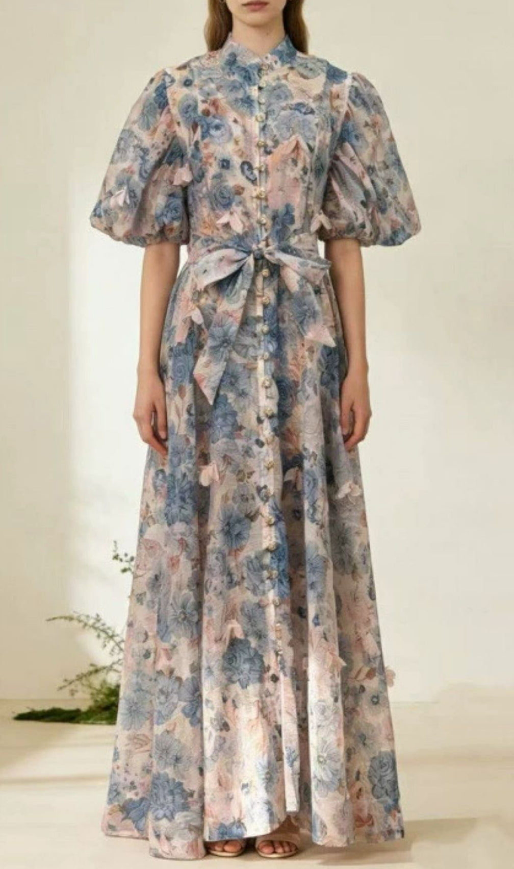 Karlyn Romantic Floral Puff-Sleeve Maxi Dress with Self-Tie Belt | Ethereal Button-Down Gown