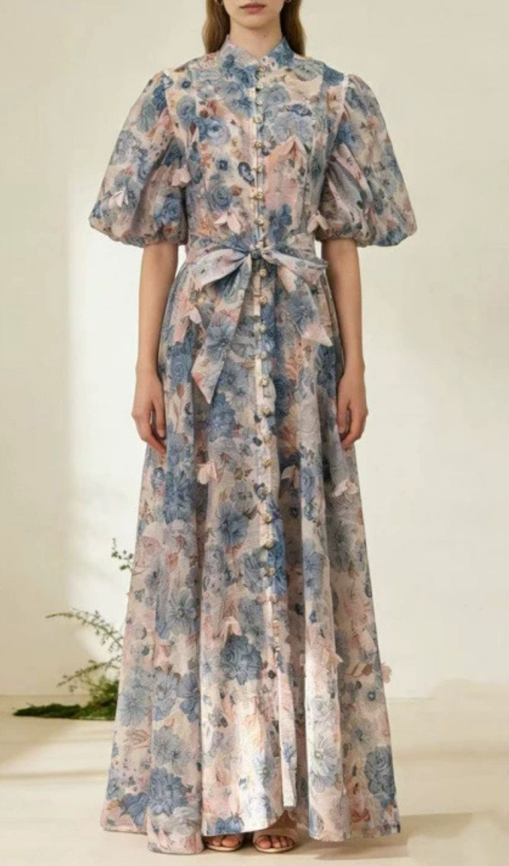 Karlyn Romantic Floral Puff-Sleeve Maxi Dress with Self-Tie Belt | Ethereal Button-Down Gown