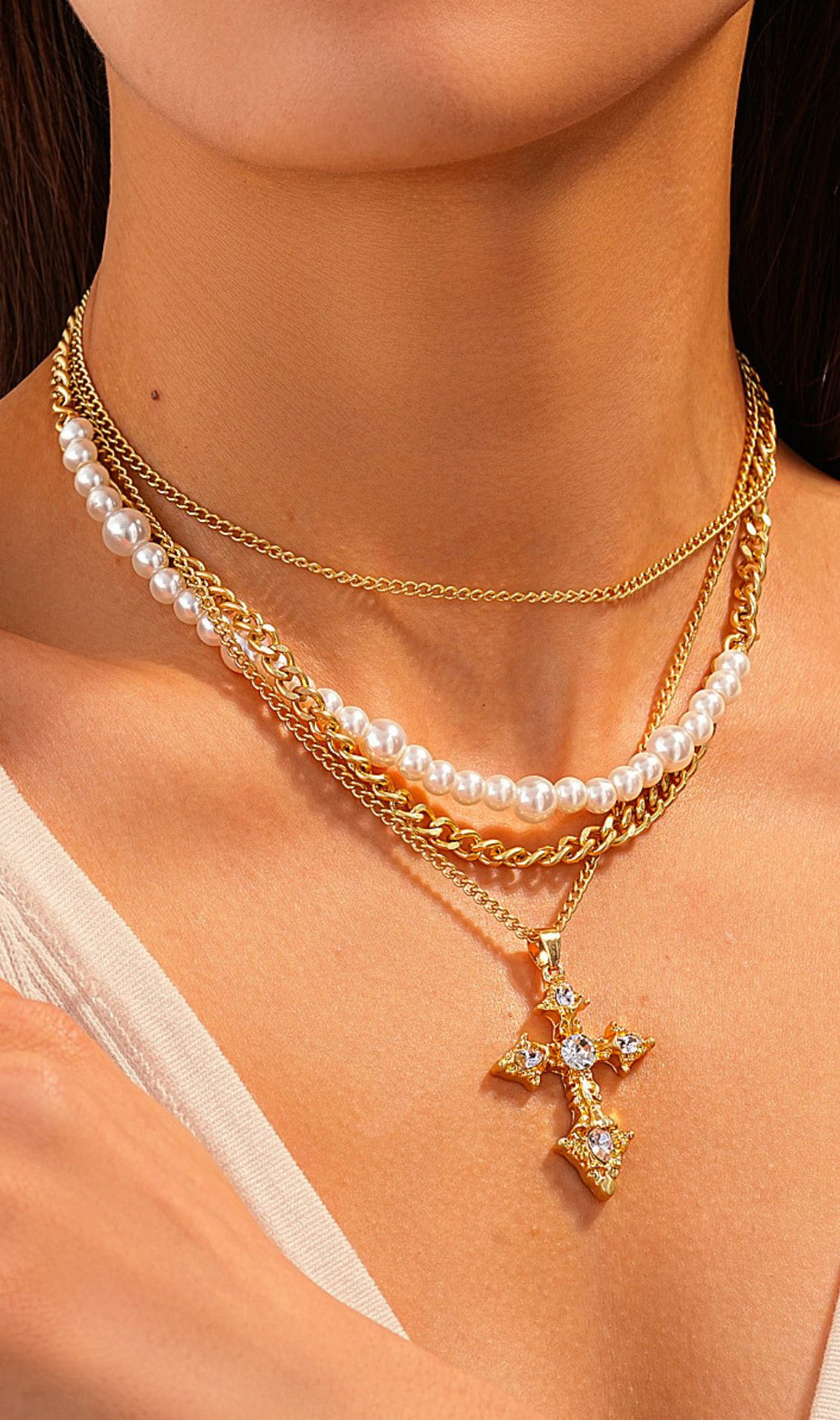 Jordyn Elegant Layered Pearl & Crystal Cross Necklace for Women