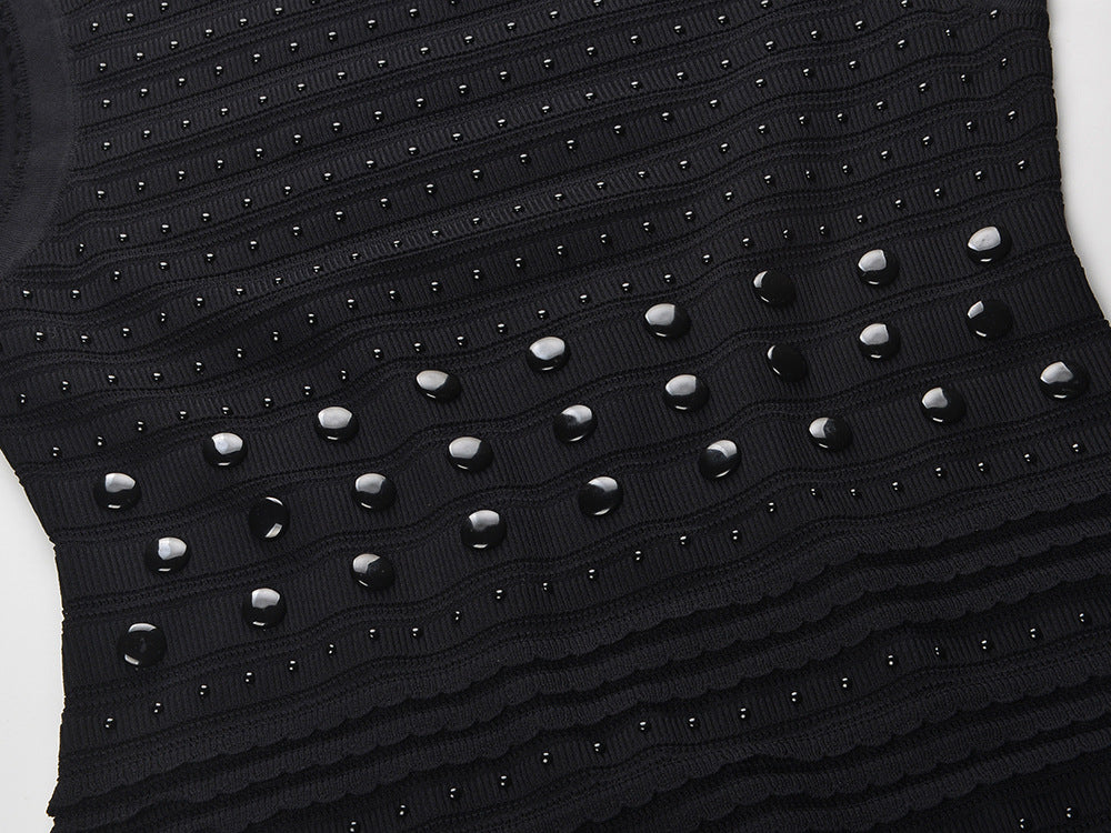 Chic Studded Knit Midi Dress | Black Sleeveless Flounce Hem