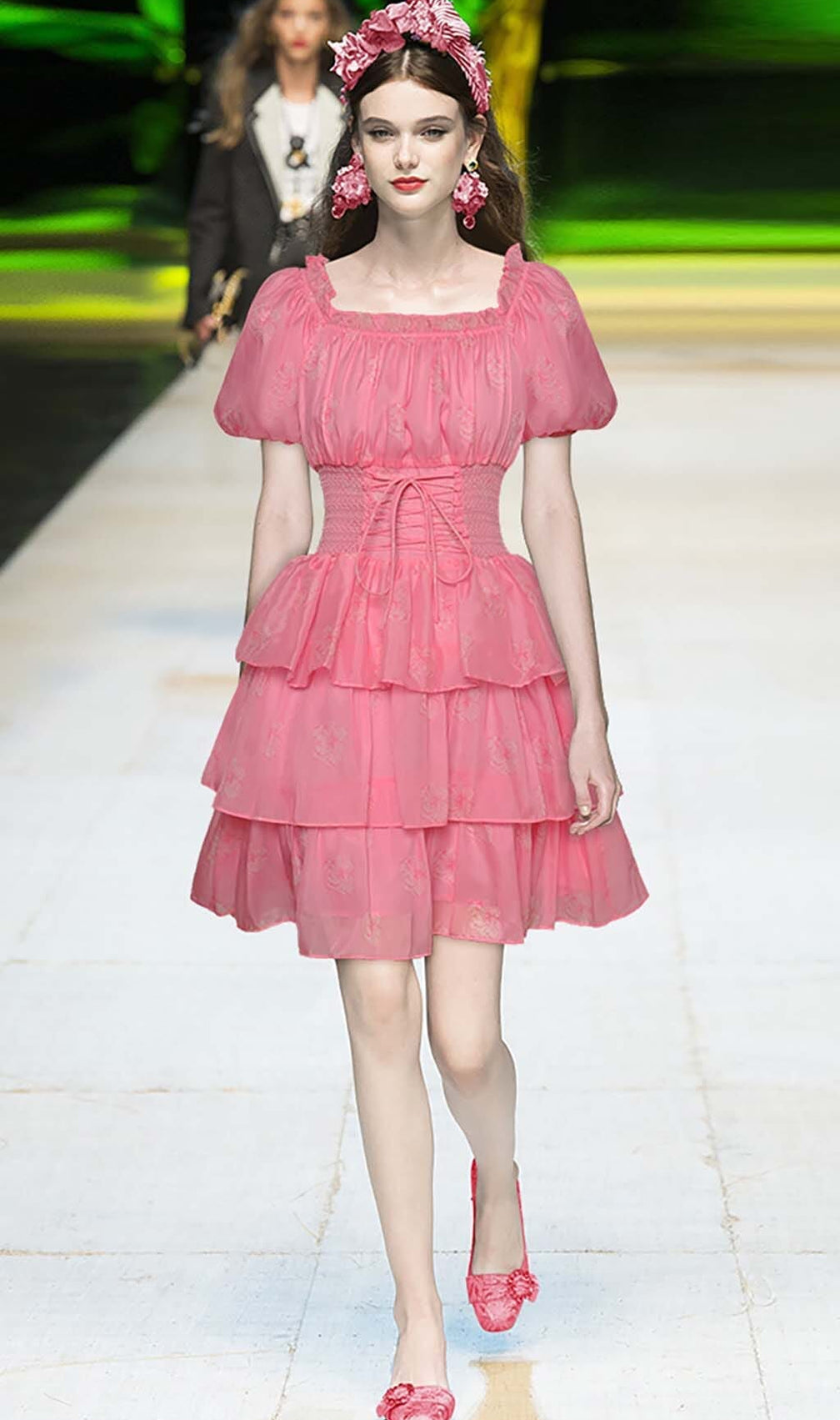 Puff Sleeve Tiered Mini Dress In Pink