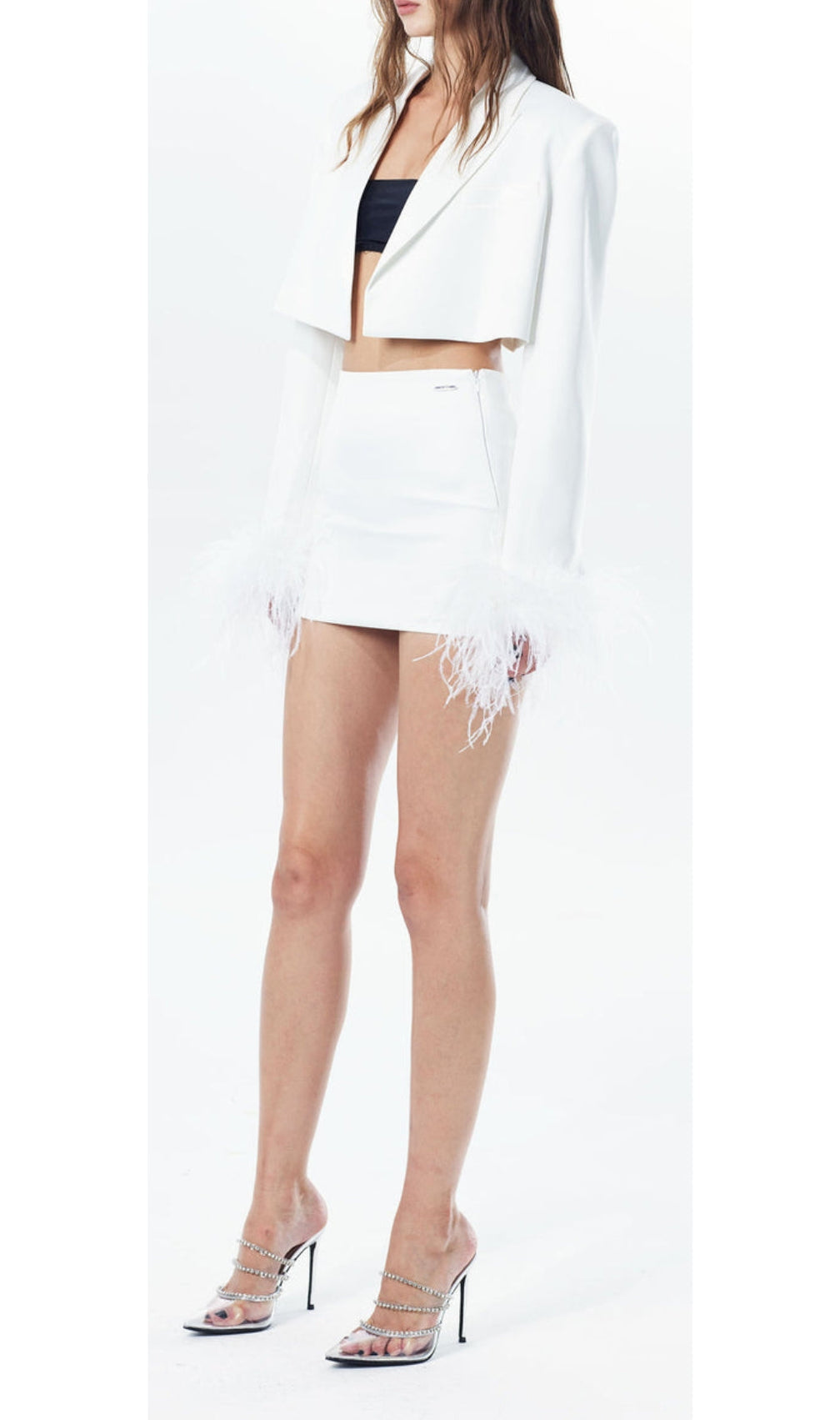 Feathers Jacket And Short Skirt In White