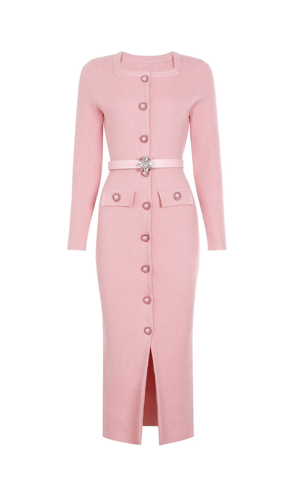 The June Knit Midi Dress: Elegant Ribbed Style with Embellished Belt