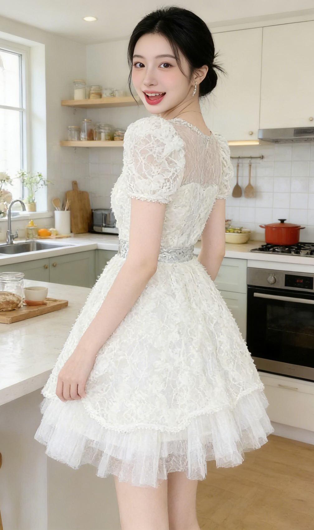 White Lace Sequin Puff Sleeve Mini Dress with Tulle Hem