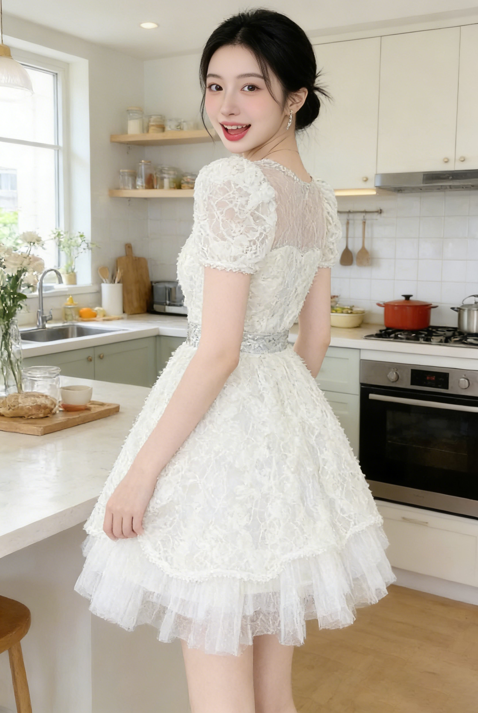 White Lace Sequin Puff Sleeve Mini Dress with Tulle Hem
