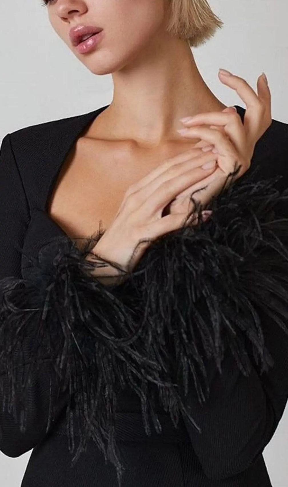 Stretch Long Sleeves Feather Mini Dress In Black