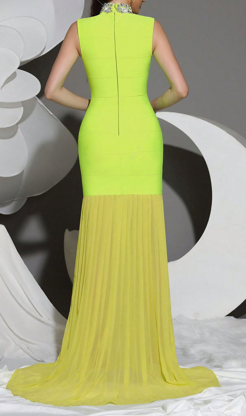 Hariata Luxe: Dazzling Neon Green Diamante Bandage Maxi Dress