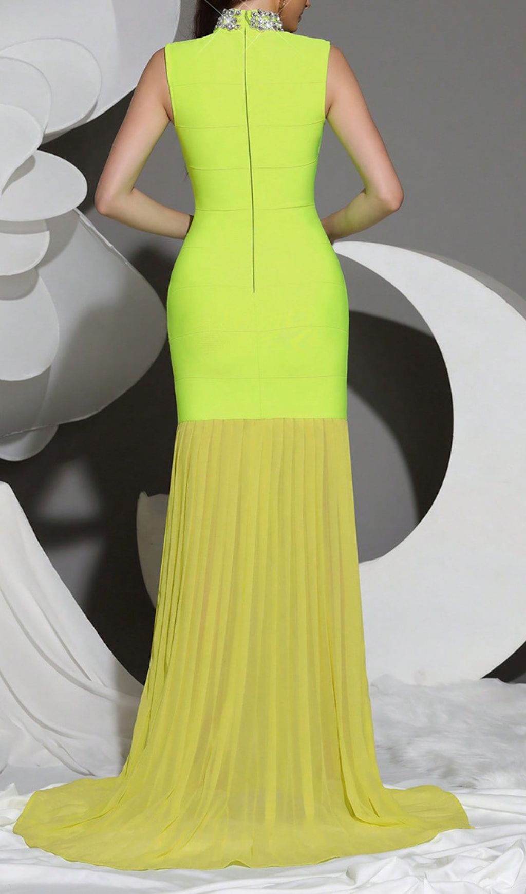 Hariata Luxe: Dazzling Neon Green Diamante Bandage Maxi Dress