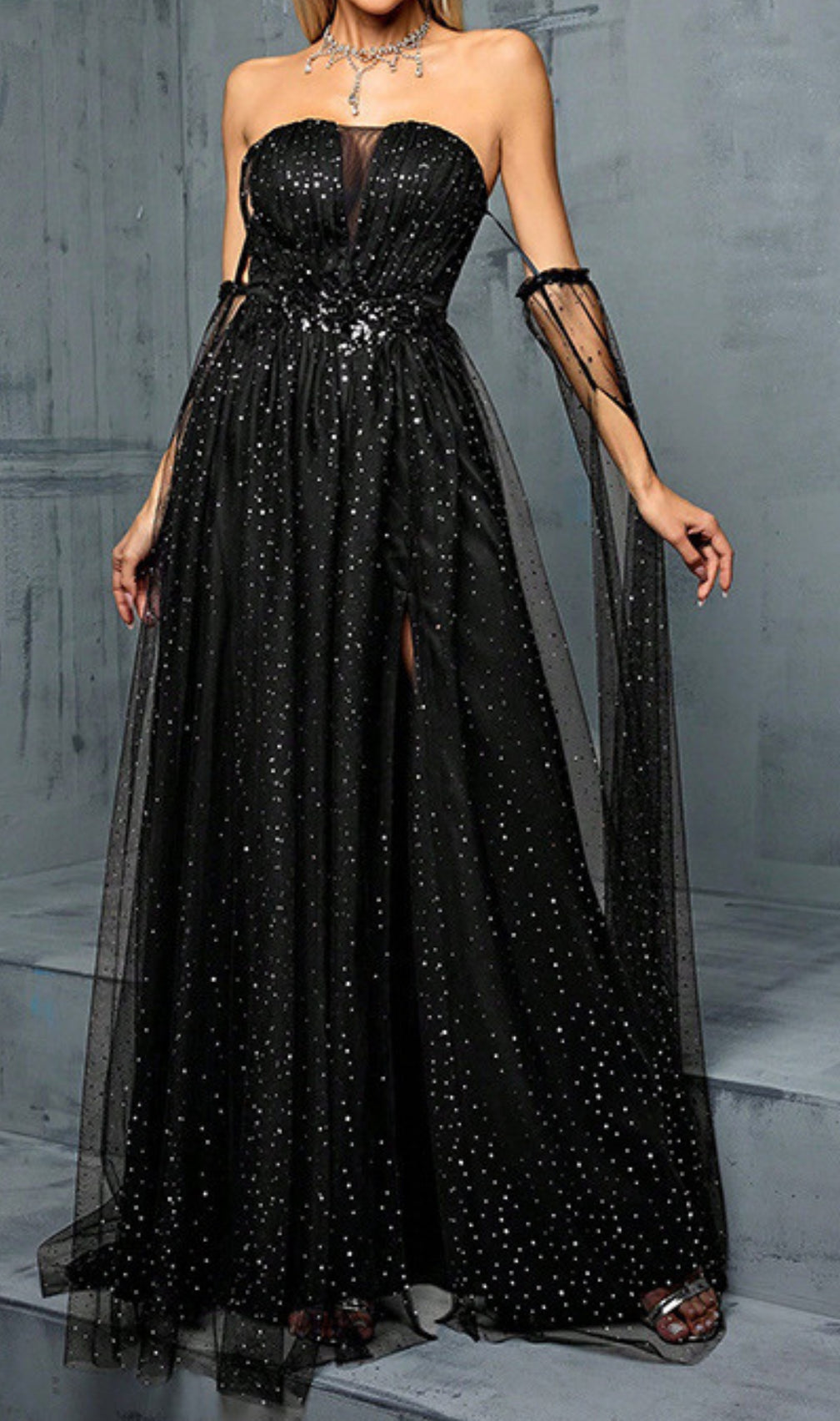 Darya Black Sequin Slit Maxi Dress