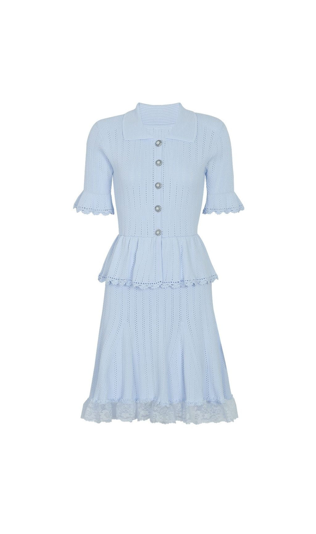 Khosrow Light Blue Knit Peplum Mini Dress with Delicate Lace Trim