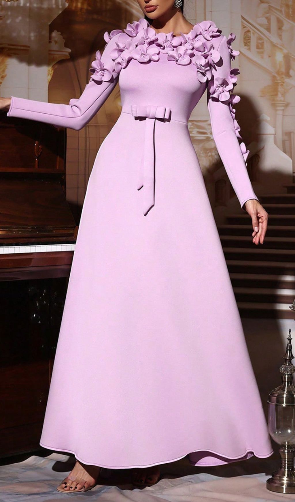 Hadia Lilac Floral Embellished Long Sleeve Maxi Dress - Elegant Occasion Gown