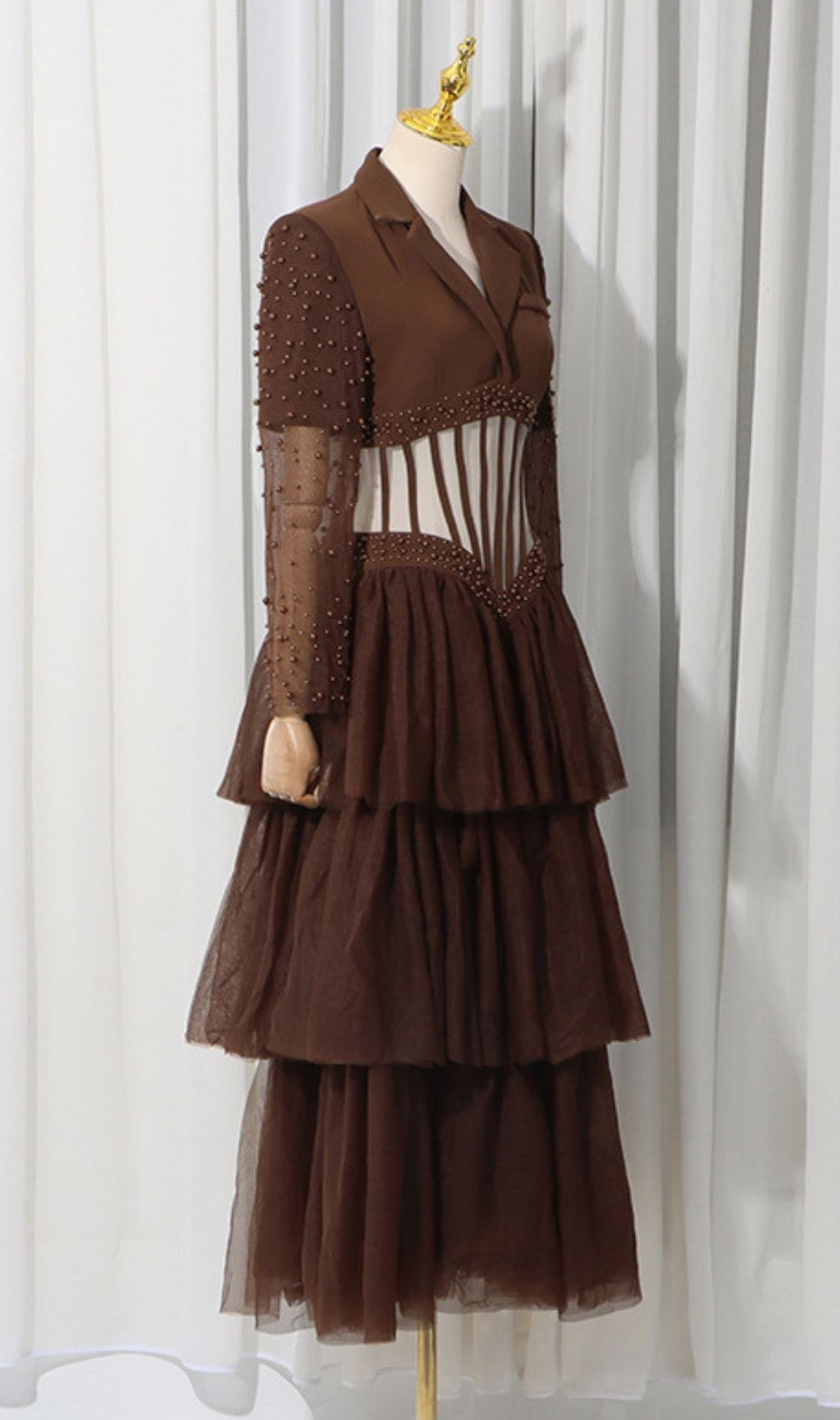 Kaysar Coffee Brown Beaded Corset Gown | Elegant Tiered Mesh Maxi Dress