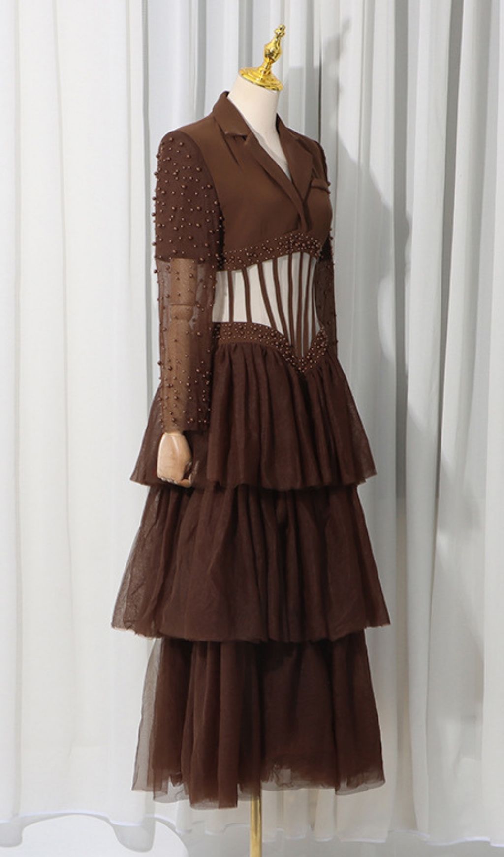 Kaysar Coffee Brown Beaded Corset Gown | Elegant Tiered Mesh Maxi Dress