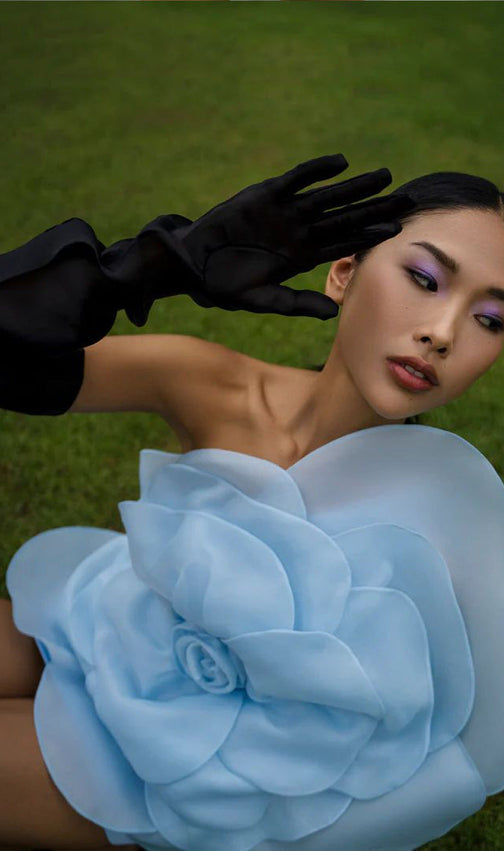 One Shoulder Flower Mini Dress In Blue