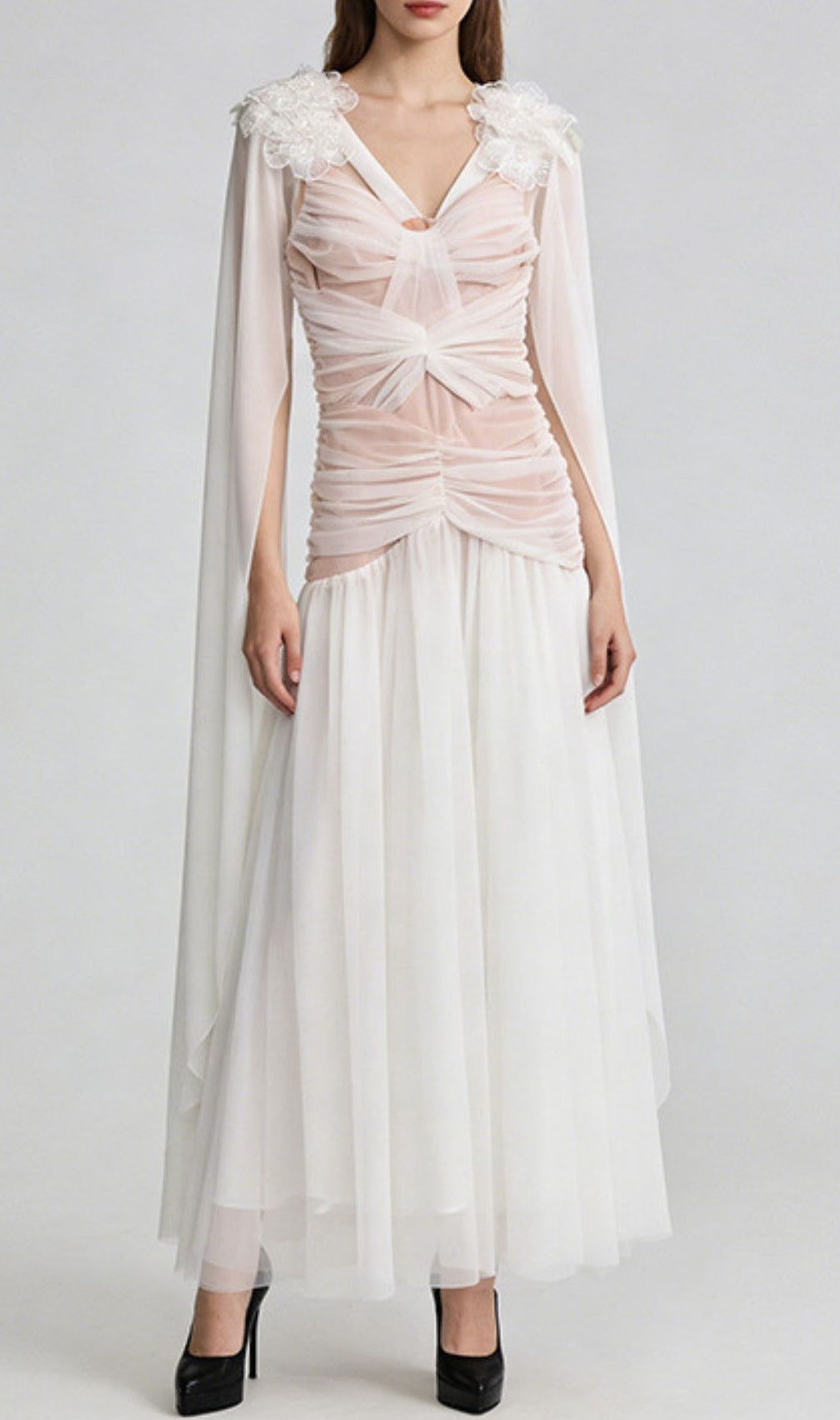 Kevlyn Ethereal White Mesh Maxi Gown - Sheer Elegance & Angelic Charm