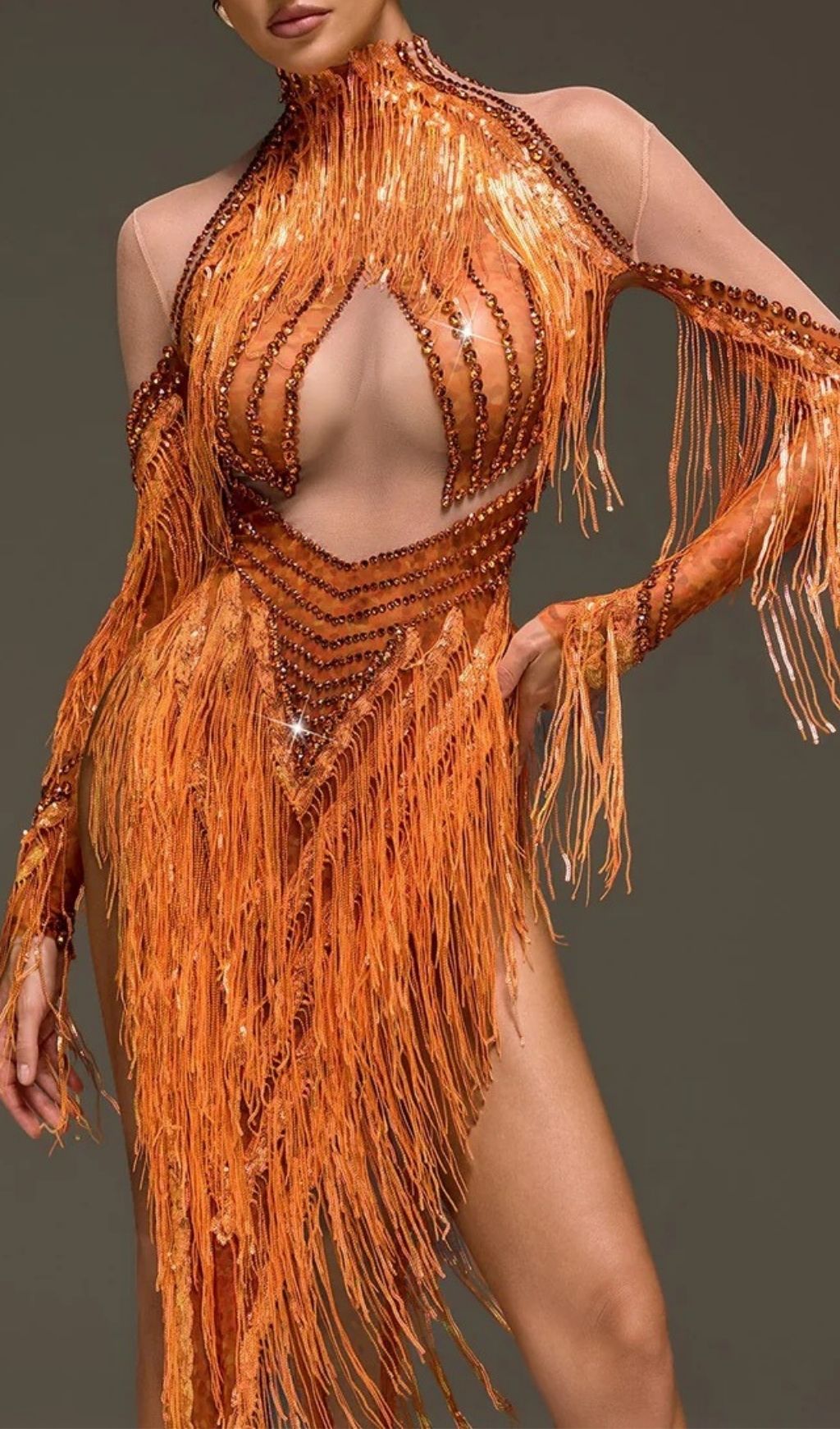 Ervanel Dazzling Fringe Sequin Gown with High Slit | Statement Party Dress