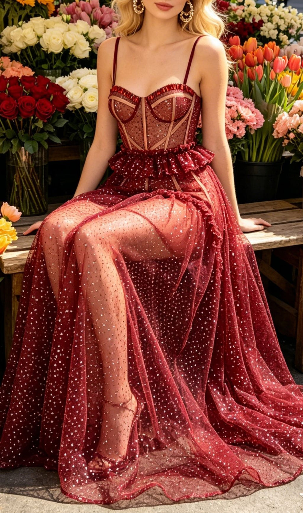 Korene Red Strappy Sequin Mesh Maxi Dress