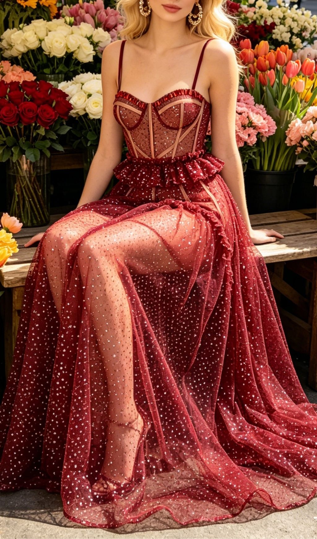 Korene Red Strappy Sequin Mesh Maxi Dress
