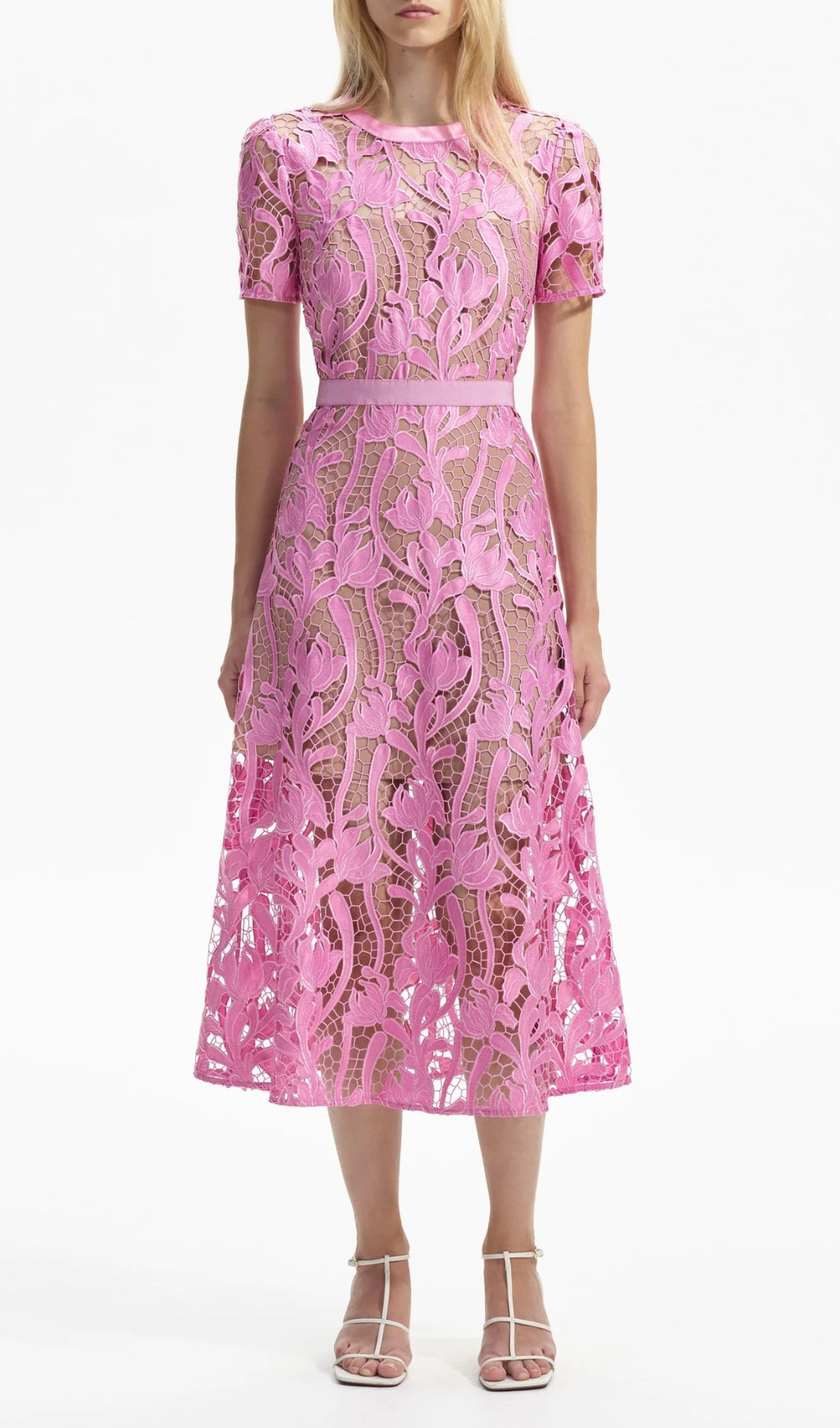 Allene Pink Lace Midi Dress