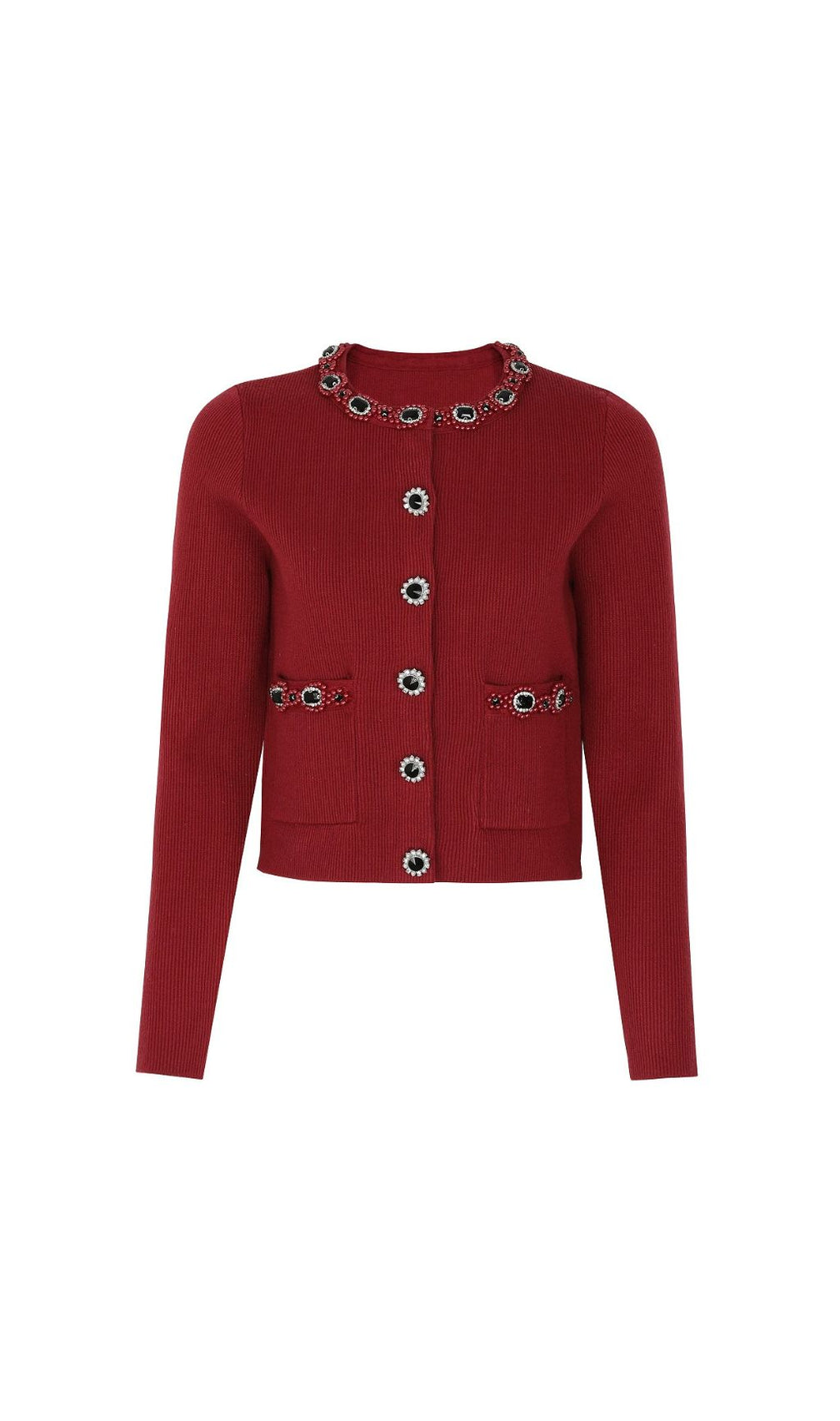 Elegant Wine Red Embellished Knit Cardigan & Midi Skirt Set