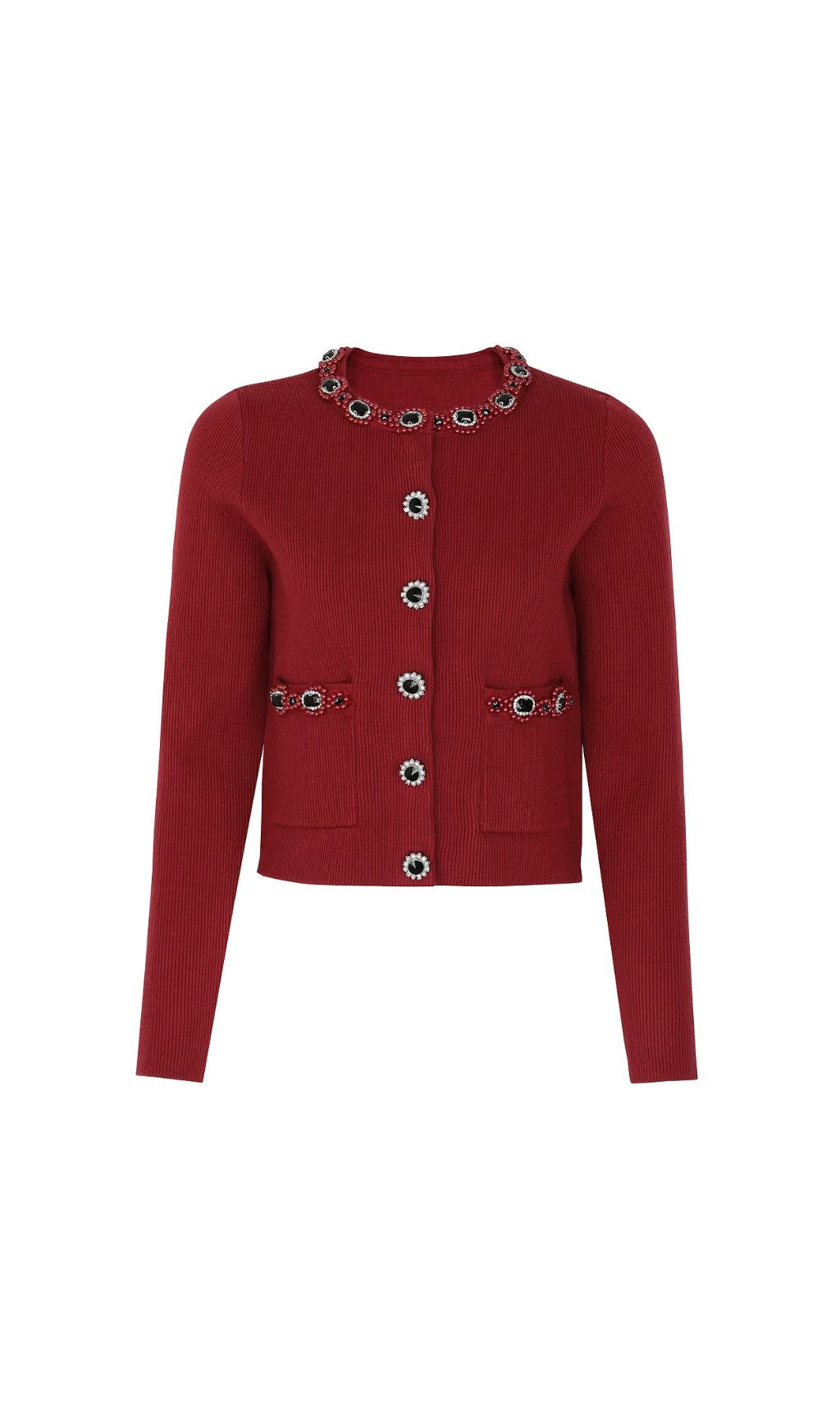 Elegant Wine Red Embellished Knit Cardigan & Midi Skirt Set