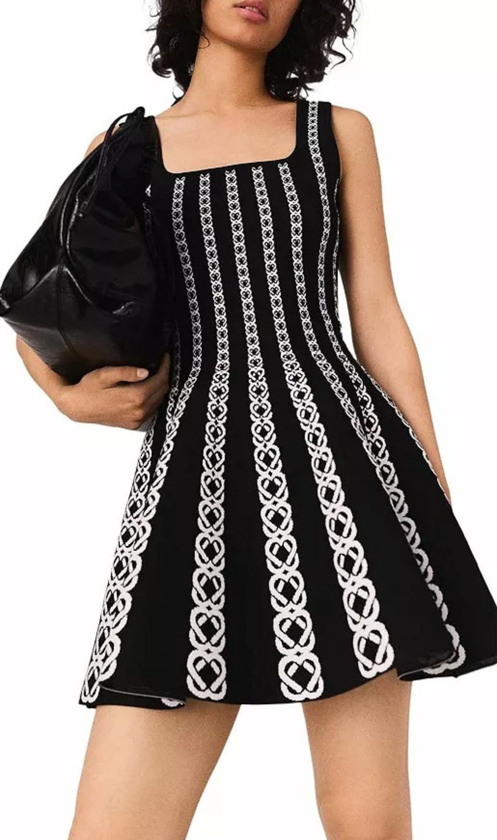 Russel Jacquard Sleeveless Fit & Flare Mini Dress - Black & White Pattern