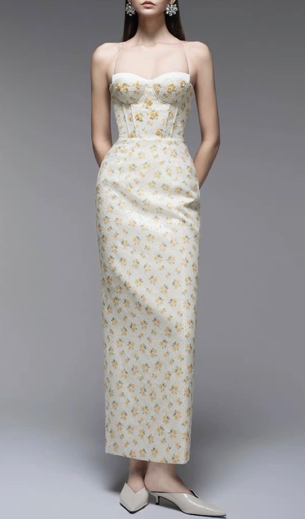 Galya Flower Embellished Corset Sequin Maxi Dress