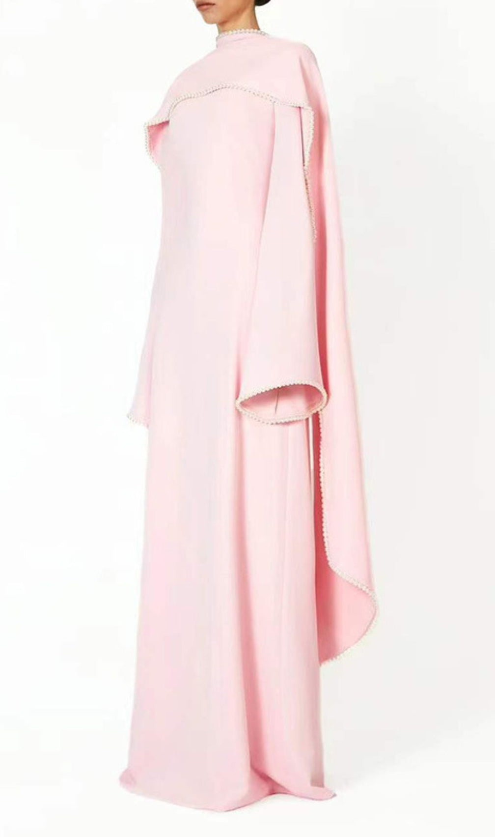 Hidi Pink Pearl Trim Shawl Maxi Dress | Elegant Long Sleeve Formal Gown