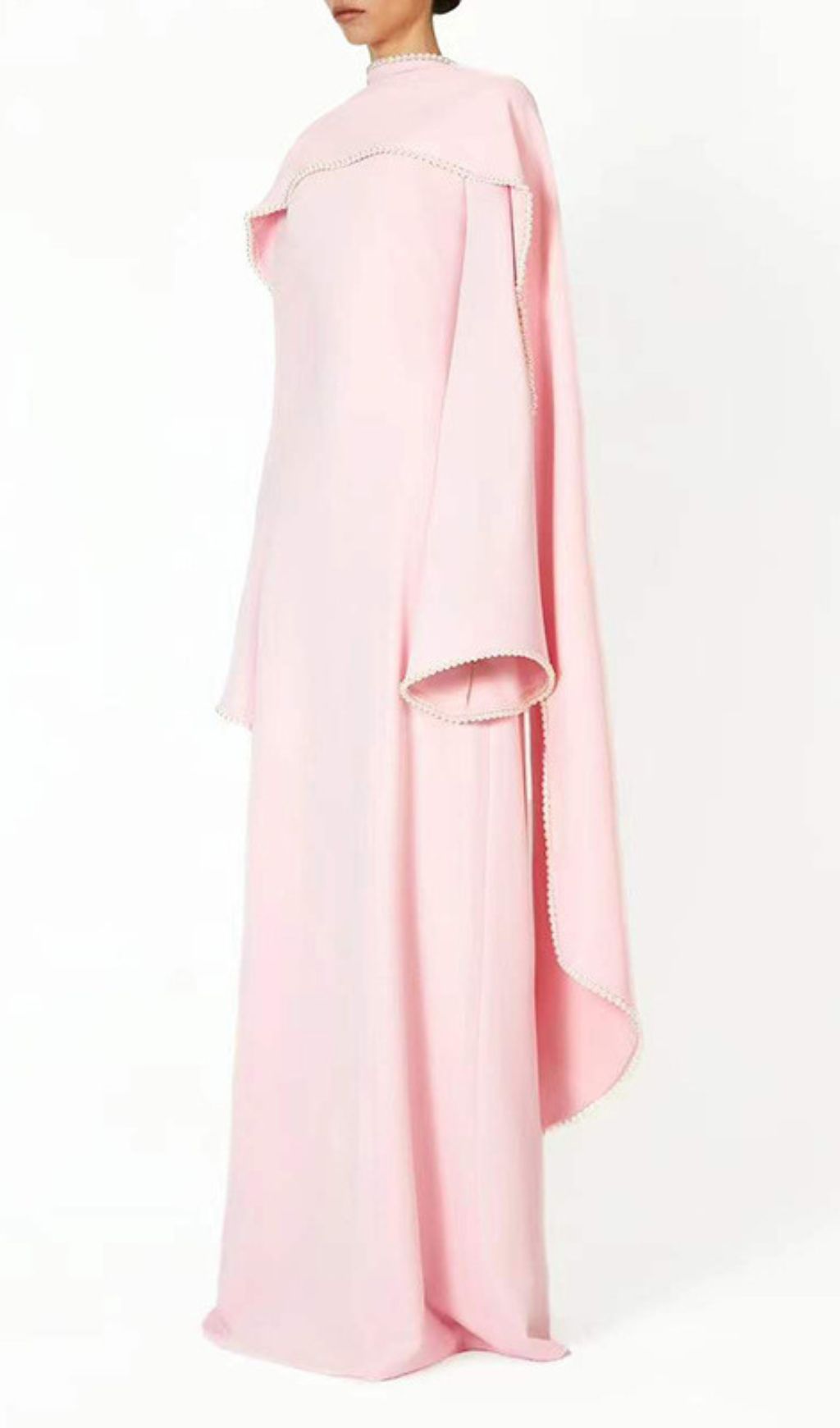 Hidi Pink Pearl Trim Shawl Maxi Dress | Elegant Long Sleeve Formal Gown