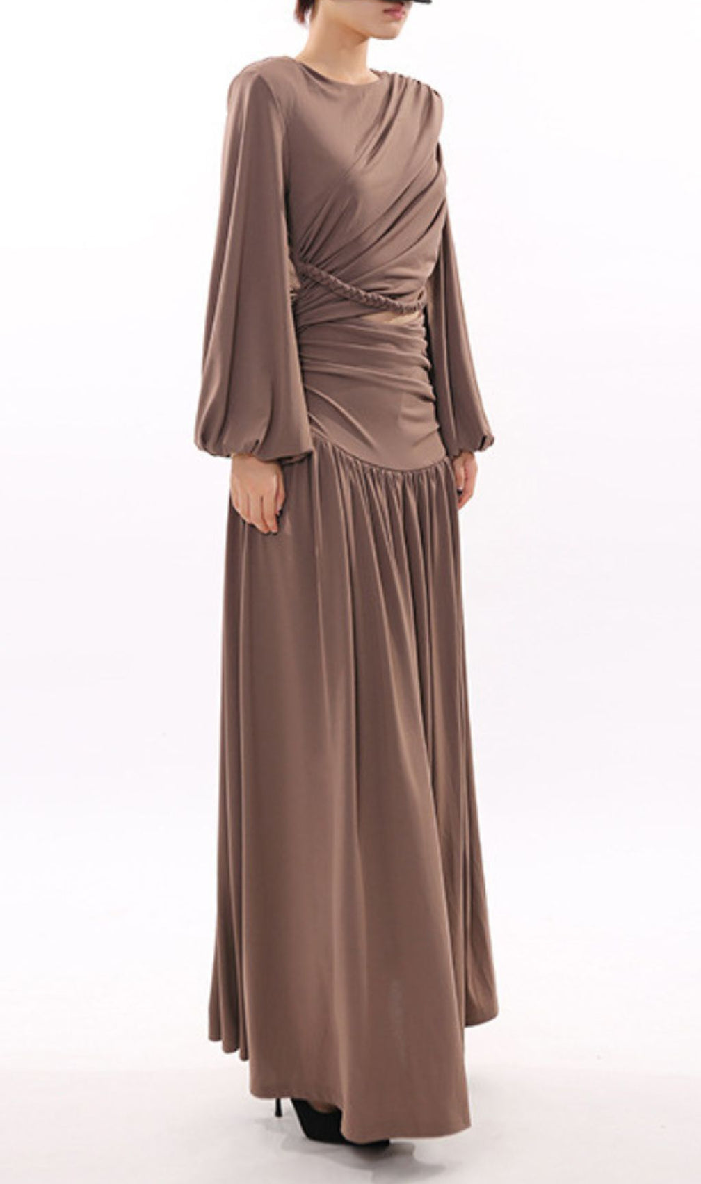 Ignacia Draped Long Sleeve Maxi Dress with Braided Waist Cutout - Elegant Event Gown