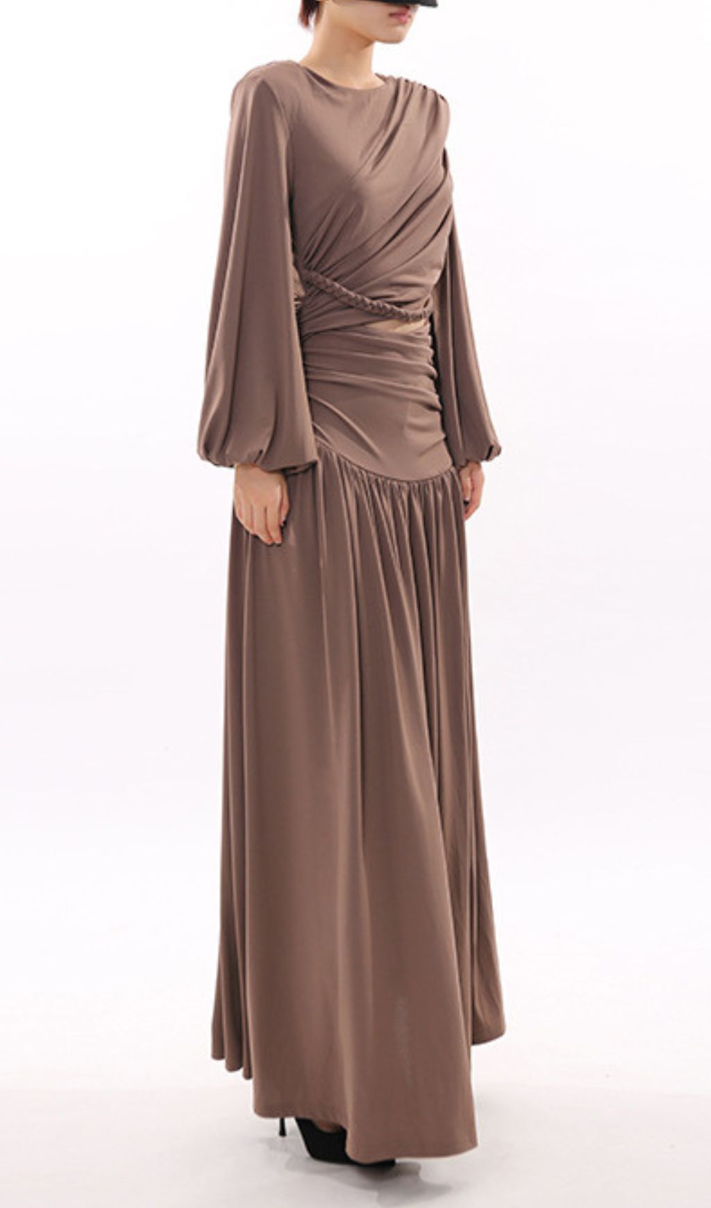Ignacia Draped Long Sleeve Maxi Dress with Braided Waist Cutout - Elegant Event Gown