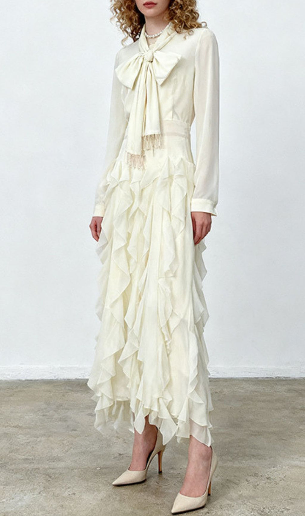 Isaak Ethereal Ruffle Maxi Gown - Elegant Chiffon Dress with Statement Bow Neck