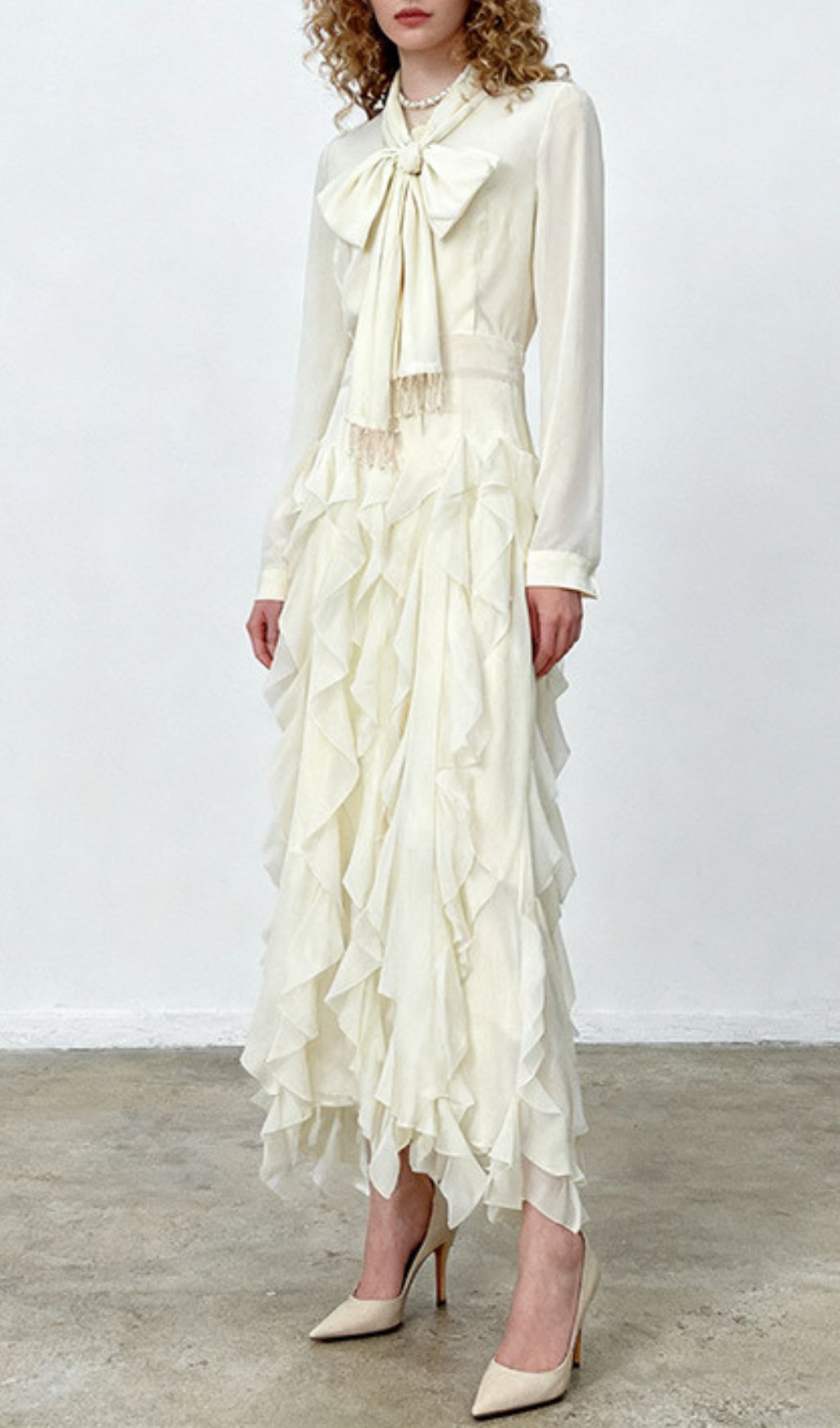 Isaak Ethereal Ruffle Maxi Gown - Elegant Chiffon Dress with Statement Bow Neck