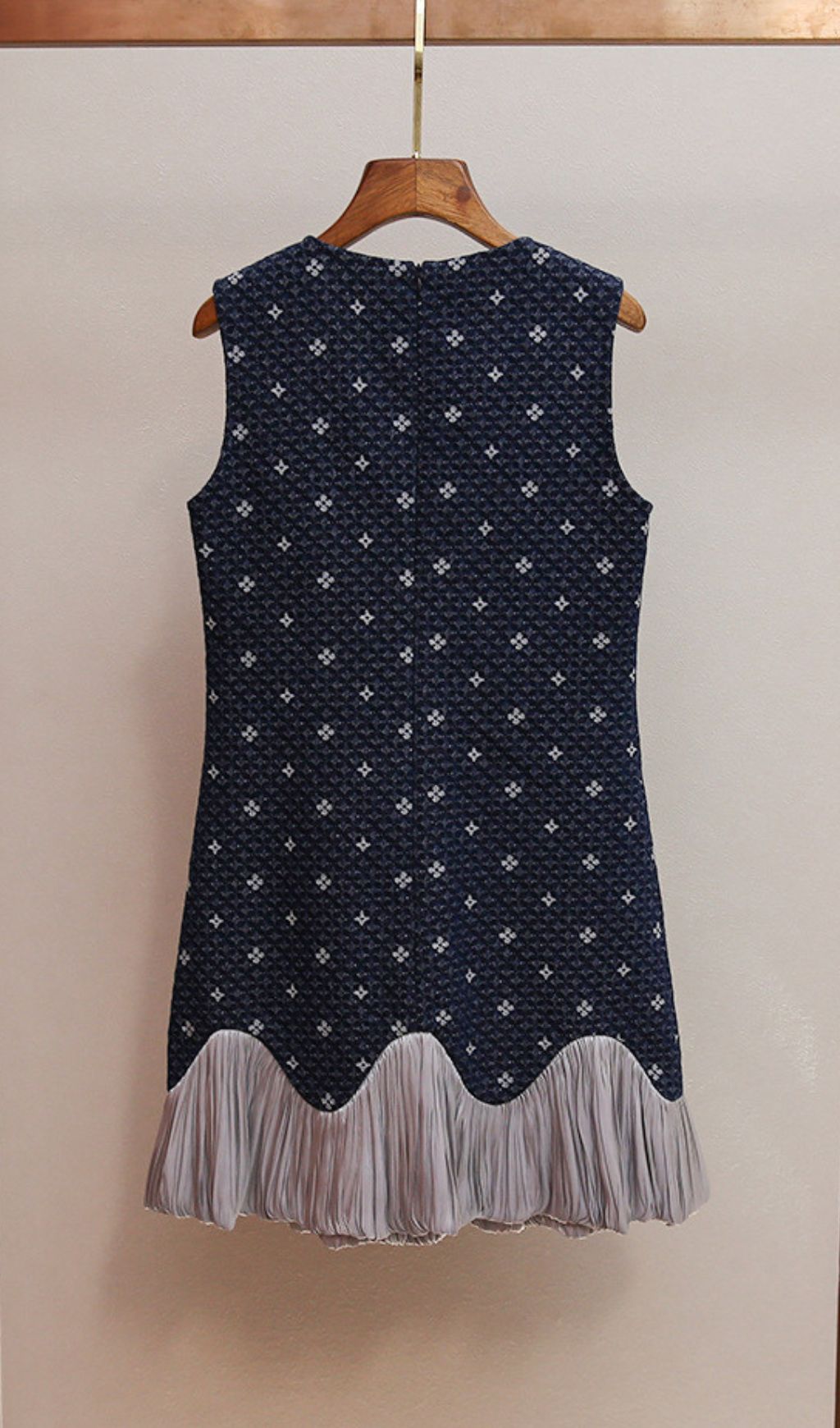 Hasika Navy Geometric Sleeveless Mini Dress | Unique Wavy Pleated Hem