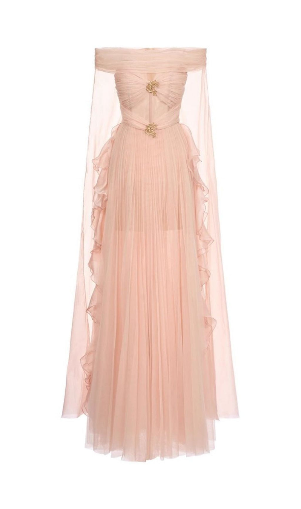 Johanna Off-Shoulder Mesh Ruffle Maxi Gown - Elegant Blush Pink Formal Dress