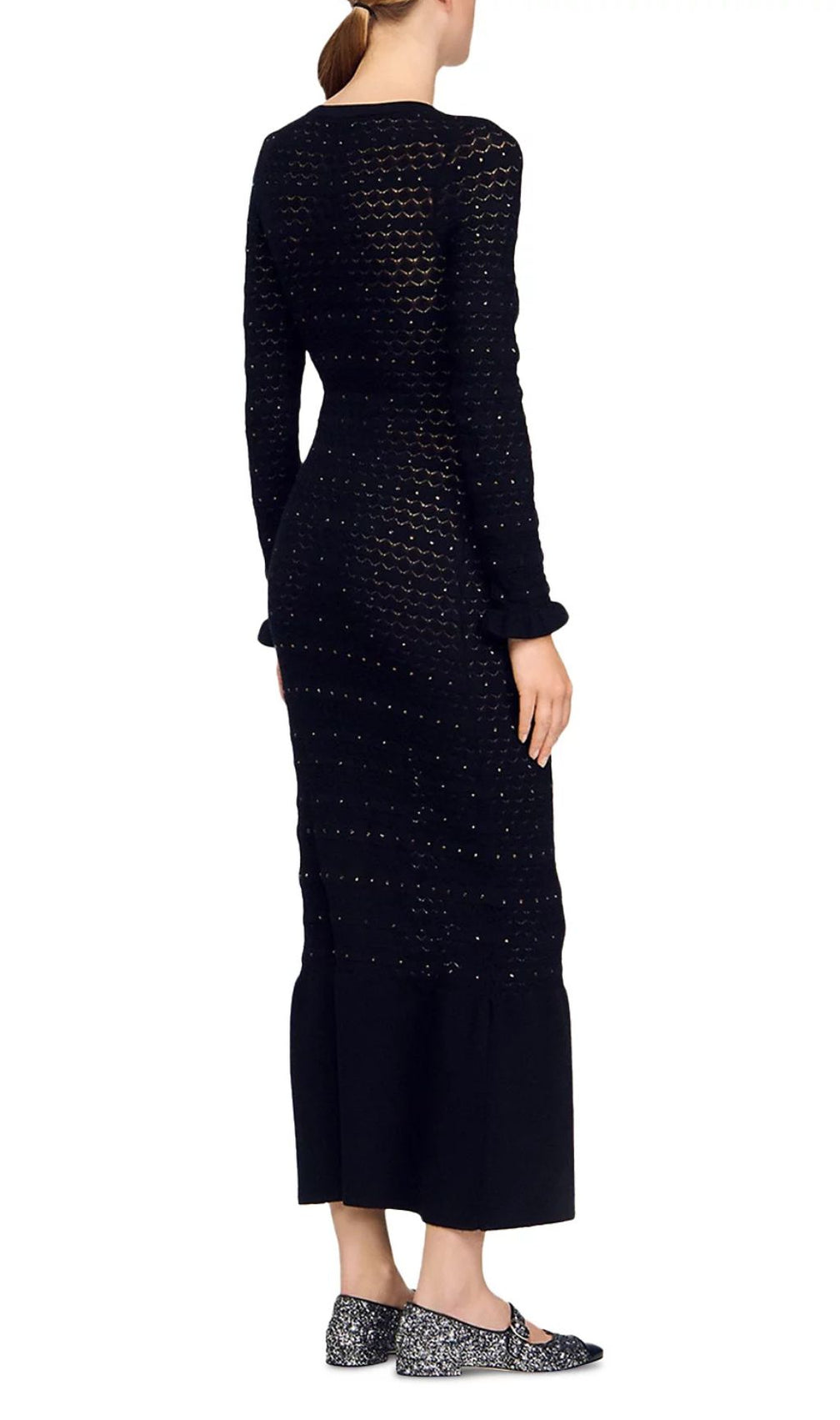 Glamorous Rhinestone Knit Maxi Dress with Ruffle Hem