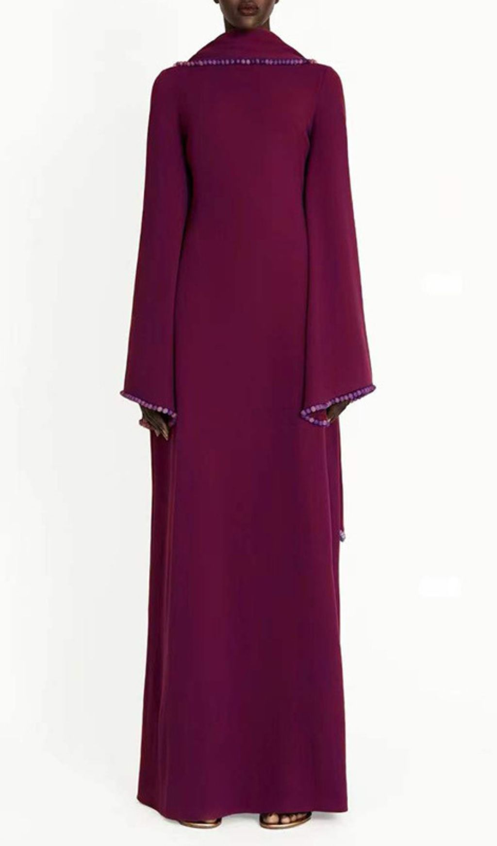 Hidi Shawl Pearl-Trimmed Maxi Dress | Elegant Long Sleeve White Gown