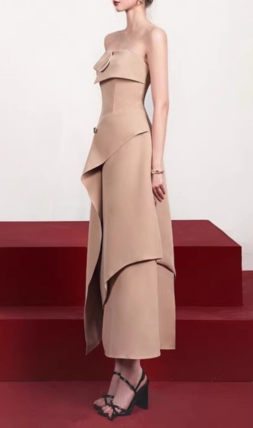 Jasmin Strapless Midi Dress: Chic Asymmetric Design for Modern Elegance