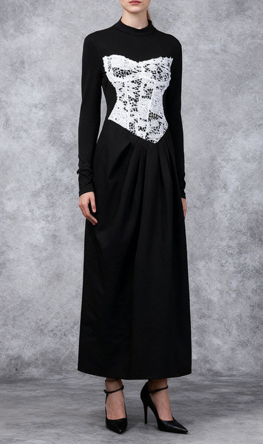 Elegant Black Maxi Dress with White Lace Corset Bodice | Long Sleeve Formal Gown