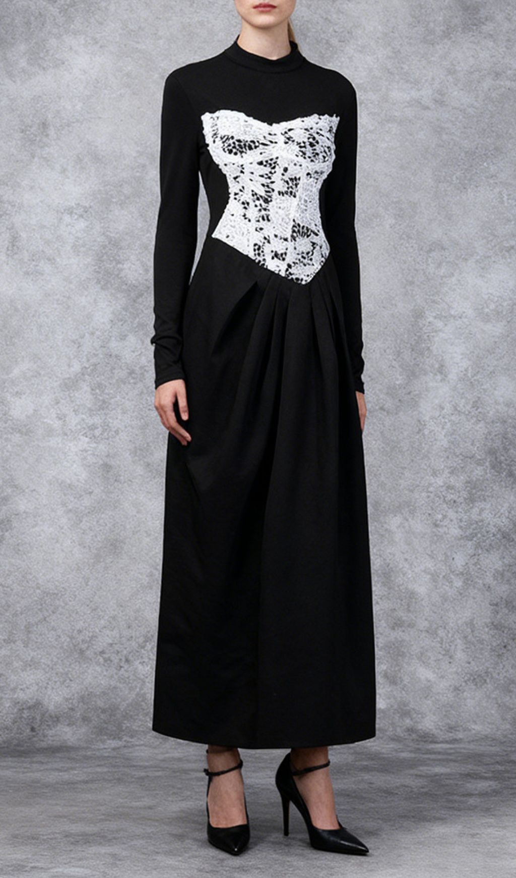 Elegant Black Maxi Dress with White Lace Corset Bodice | Long Sleeve Formal Gown