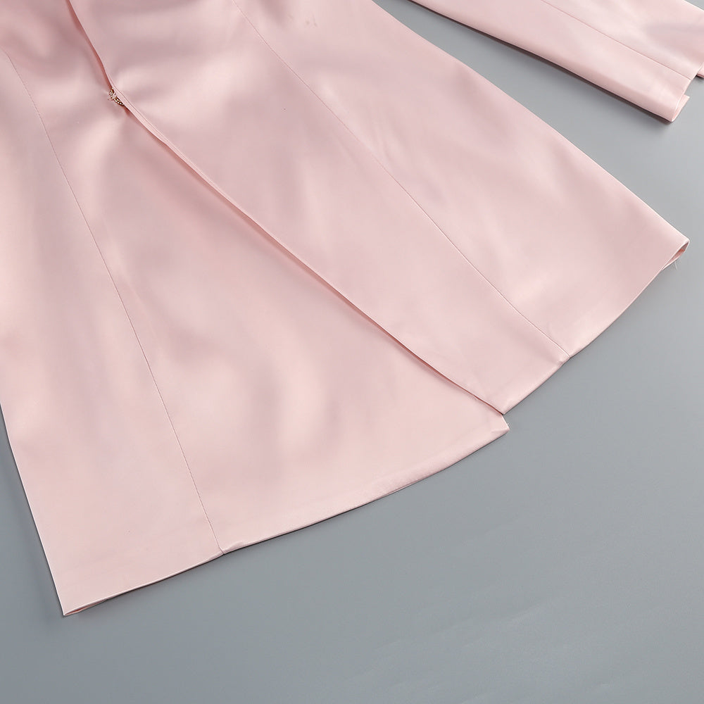 Ilham Chic Pink Tailored Blazer & Sheer Mesh Maxi Skirt Set - Modern Statement Ensemble