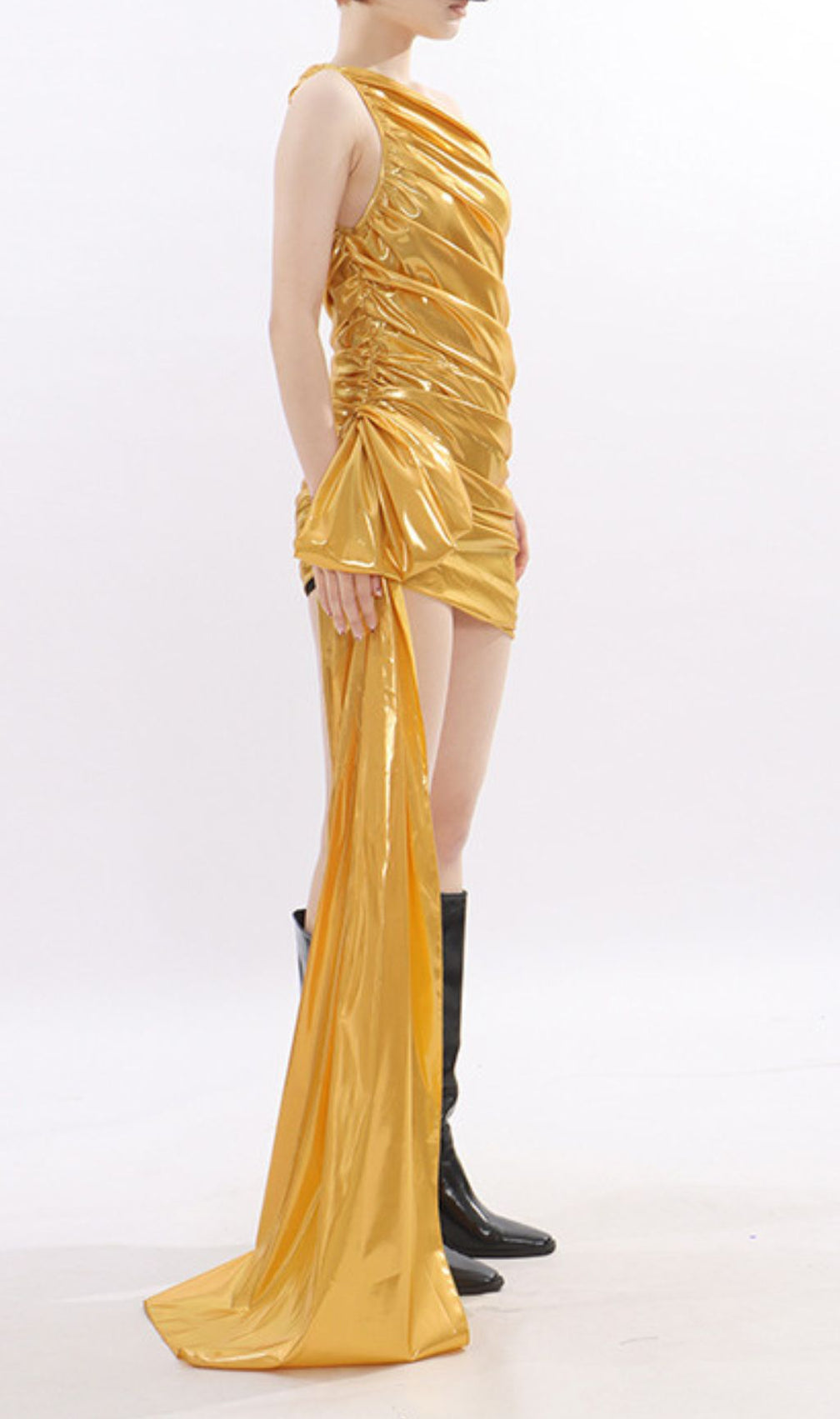 Kalina Gold Metallic One-Shoulder Ruched Mini Dress | Party & Glamour