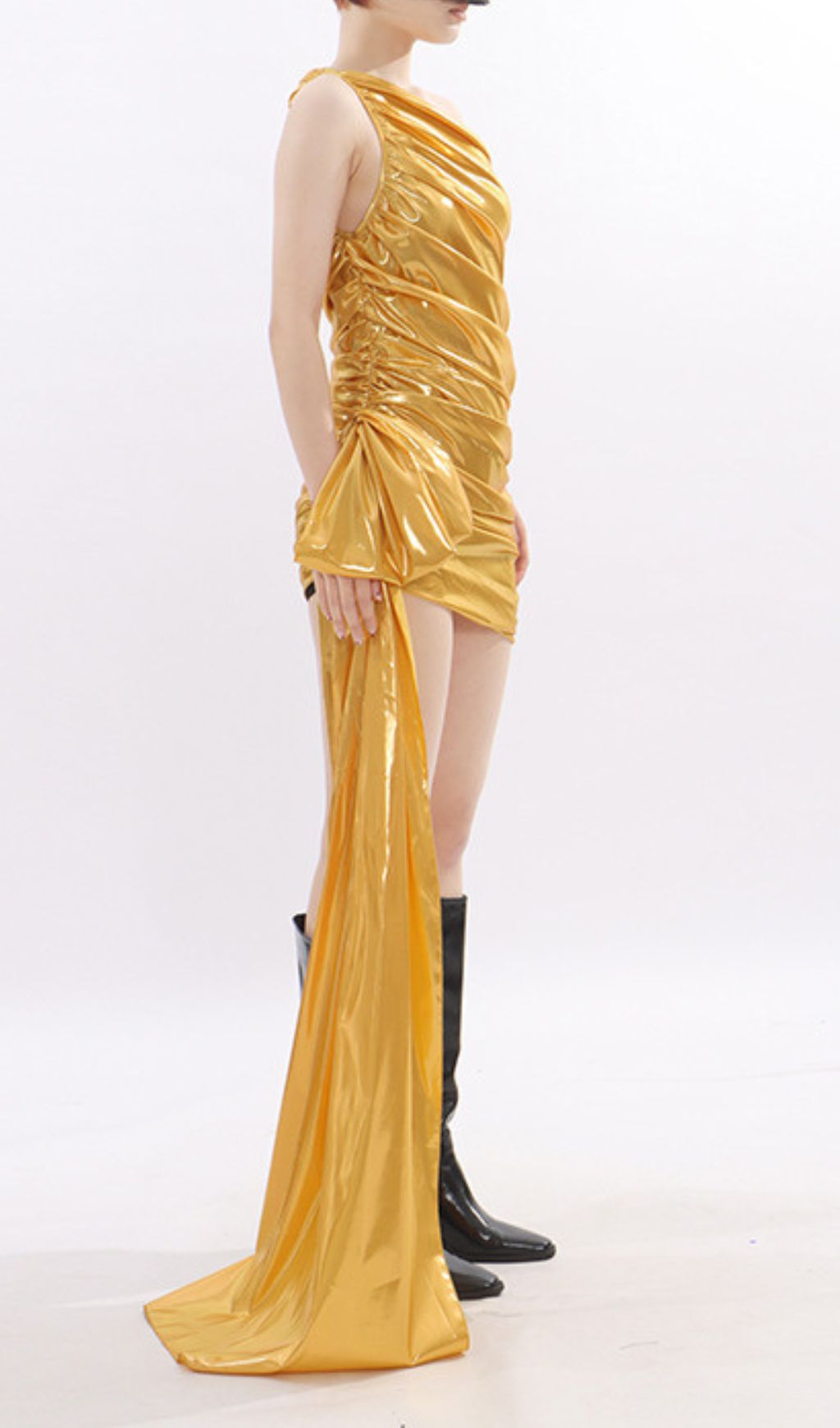 Kalina Gold Metallic One-Shoulder Ruched Mini Dress | Party & Glamour