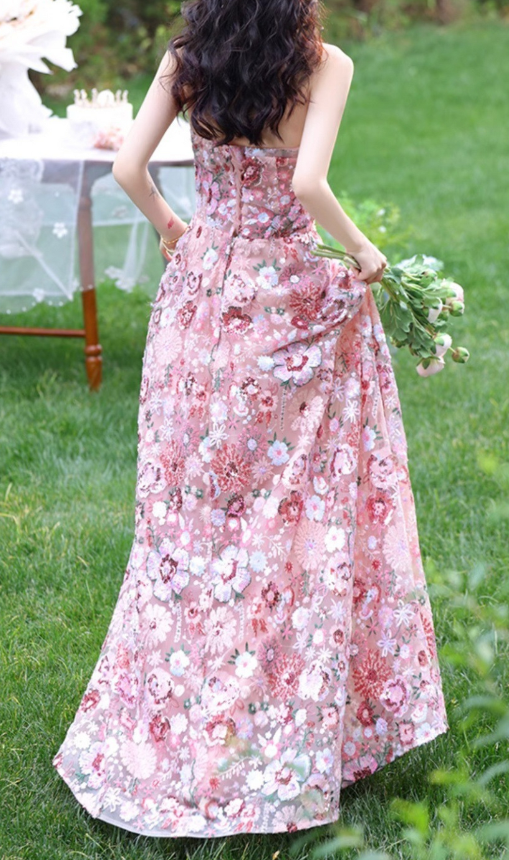 Geovany Pink Strapless Flower Sequin Maxi Dress