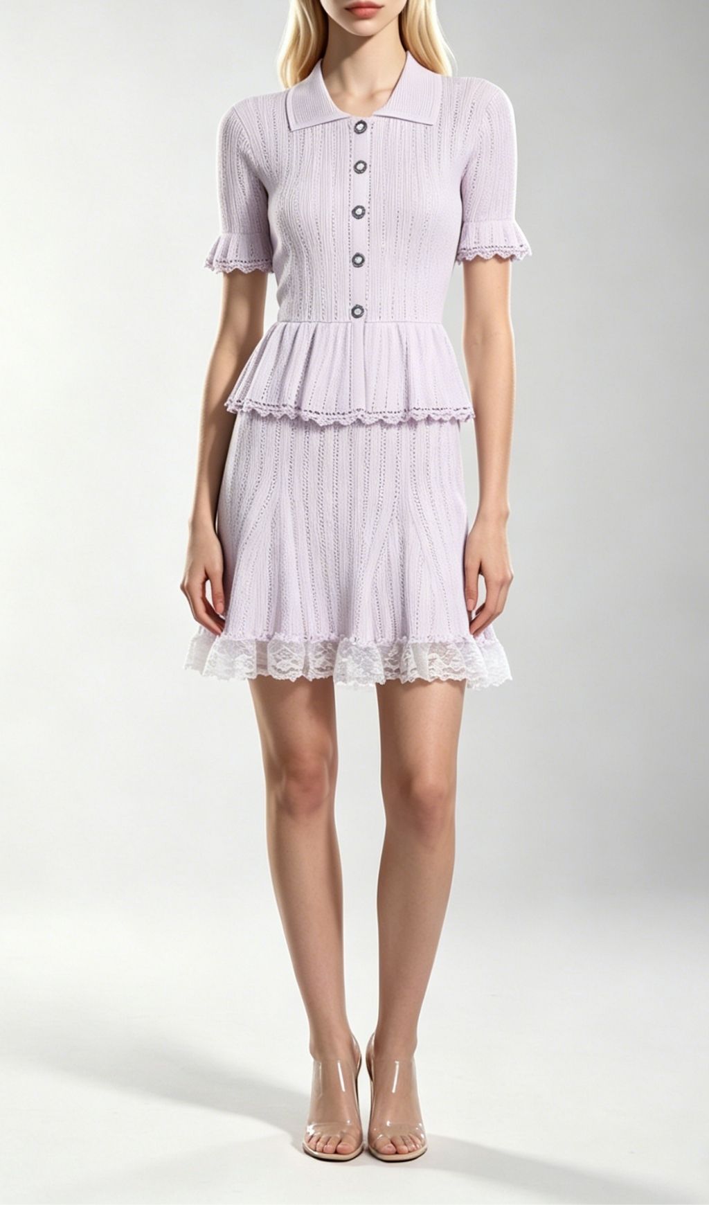 Khosrow Lilac Knit Peplum Mini Dress | Chic Lace Trim & Polo Collar