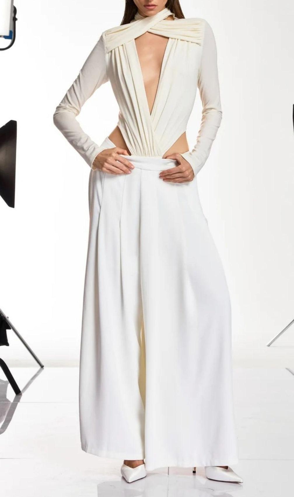 Dangela Luxe Draped Deep V Long Sleeve Bodysuit
